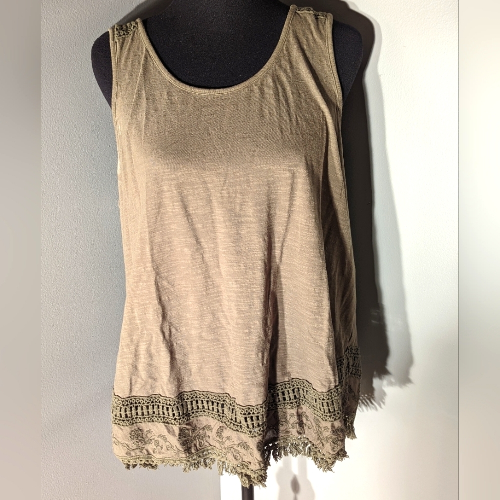 Sonoma Embroided Fringe Green Tank Top, XL